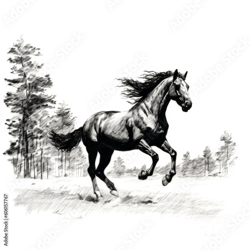 The black stallion horse was captured running in a sparse en and ink drawing.- generative ai © Exuberation 