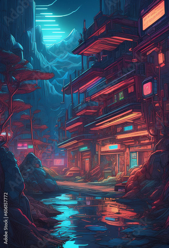 A cyberpunk-style dry river street full of neon lights on a partly cloudy night.