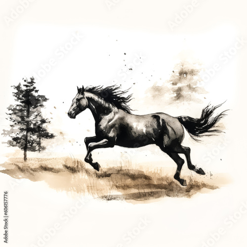 An image of a black horse running was generated using a combination of AI and an ink drawing - generative ai © Exuberation 