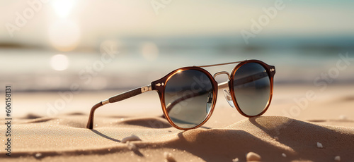 Sunglasses on a sandy beach, summer wallpaper. AI Generated.