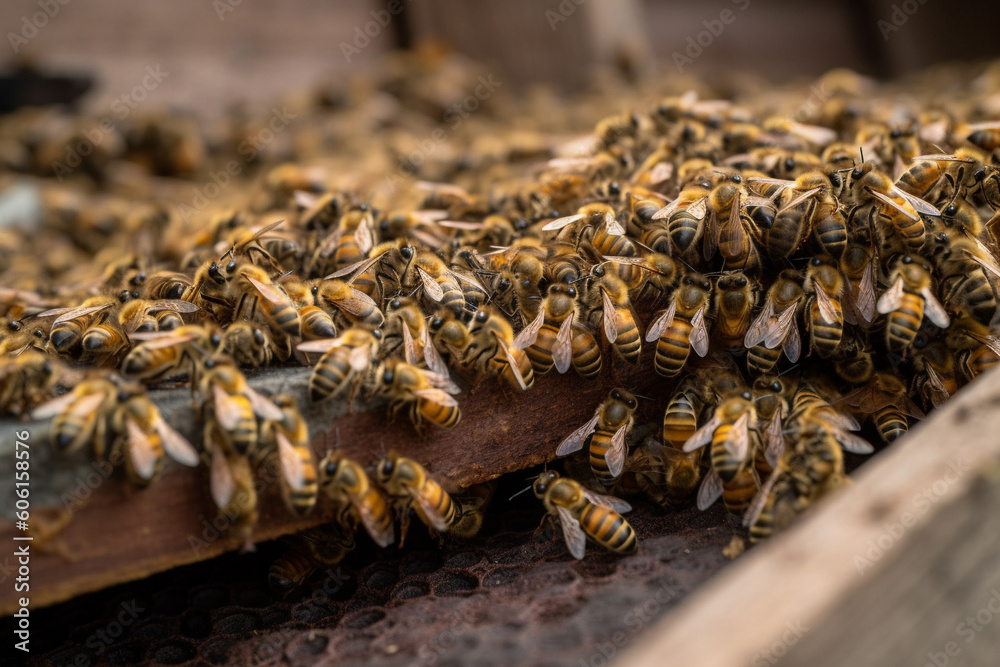 Swarm of bees on tree. Generative AI Swarm of bees on tree. Generative AI