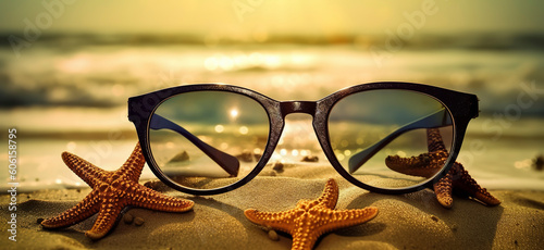 Sunglasses on a sandy beach, summer wallpaper. AI Generated. © Fernando