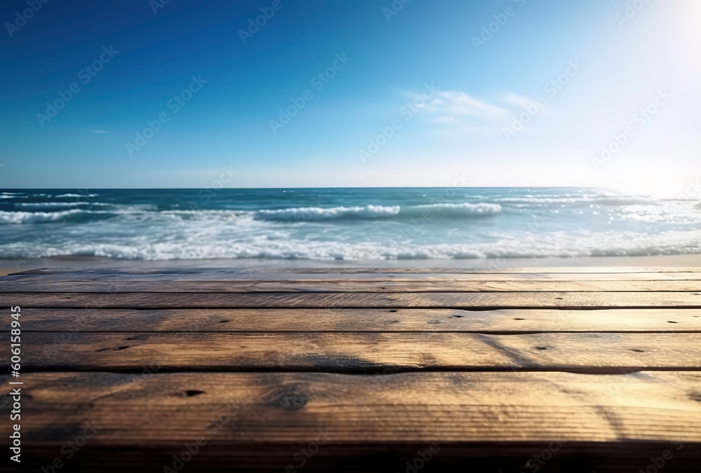 Sun-Kissed Shoreline: Minimalist Wooden Table by the Seaside. AI Generated. Sun-Kissed Shoreline: Minimalist Wooden Table by the Seaside. AI Generated.