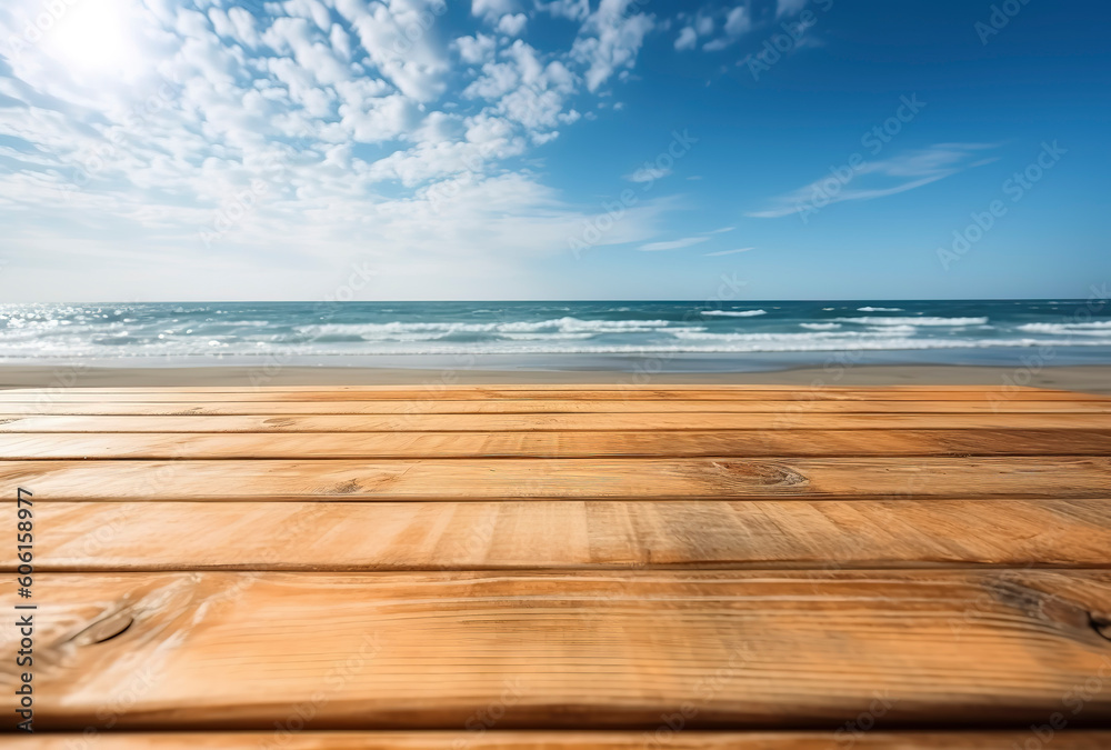 Fototapeta premium Simplicity by the Sea: Minimalist Wooden Table in Sunlight. AI Generated.