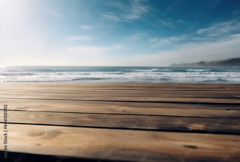 Fototapeta premium Simplicity by the Sea: Minimalist Wooden Table in Sunlight. AI Generated.