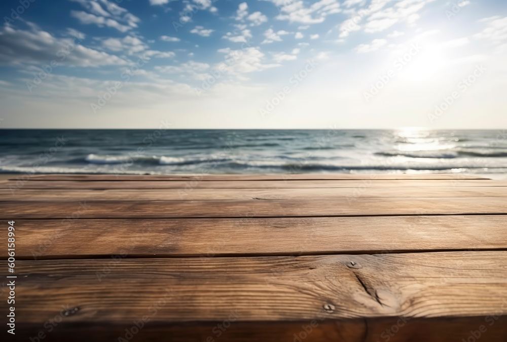 Simplicity by the Sea: Minimalist Wooden Table in Sunlight. AI Generated.