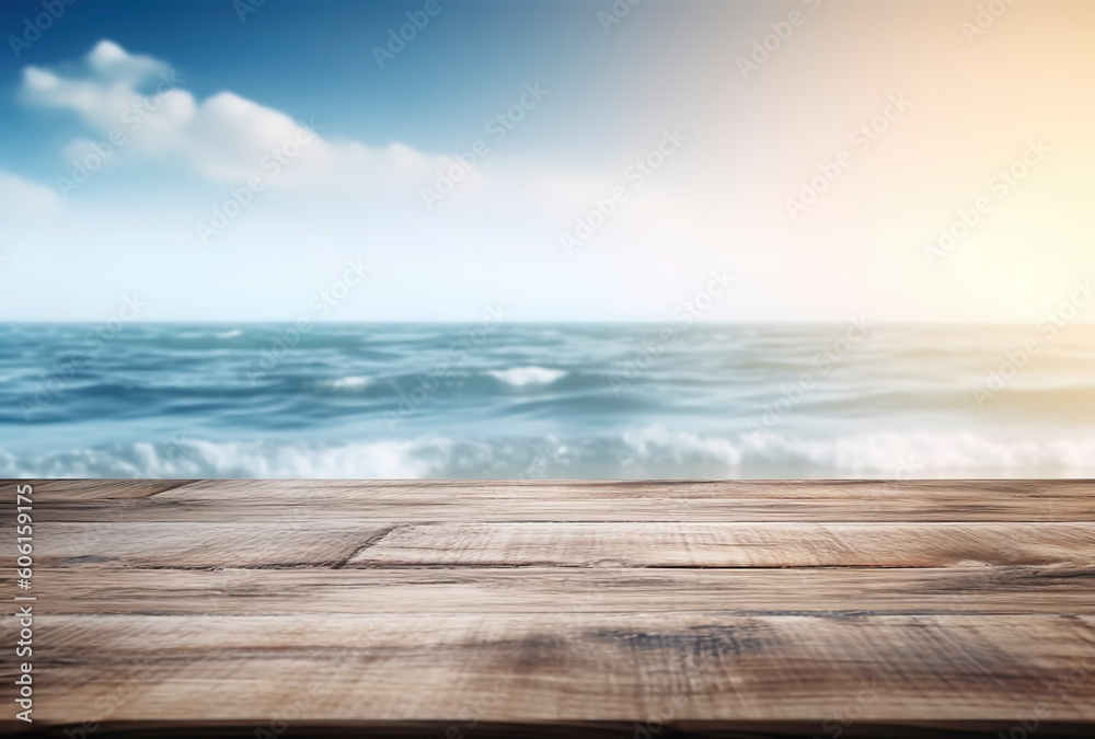 Simplicity by the Sea: Minimalist Wooden Table in Sunlight. AI Generated. Simplicity by the Sea: Minimalist Wooden Table in Sunlight. AI Generated.