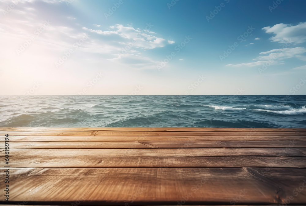 Simplicity by the Sea: Minimalist Wooden Table in Sunlight. AI Generated. Simplicity by the Sea: Minimalist Wooden Table in Sunlight. AI Generated.
