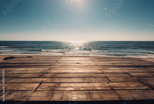 Sun-Kissed Shoreline: Minimalist Wooden Table by the Seaside. AI Generated. © Fernando