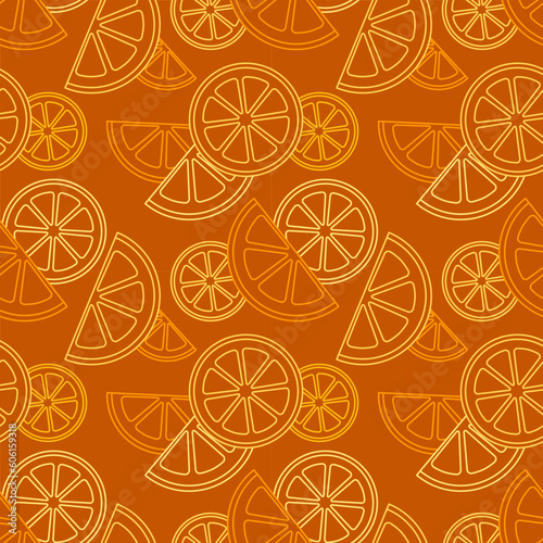 Vector seamless pattern of many outline citrus slices. Fruit icons. Lemon, tangerine cut. Bright food background. Tropical linear print for juice packaging design, cafe menu layout. Drink advertising