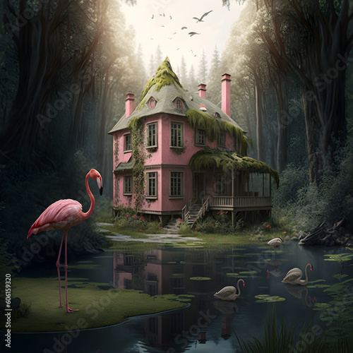 house in the woods fairytail with pink flamingo photo