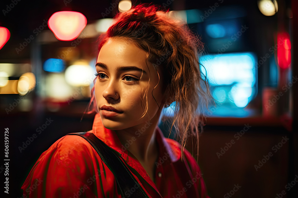 Fototapeta premium young woman in red lighted bar scene created with Generative AI technology