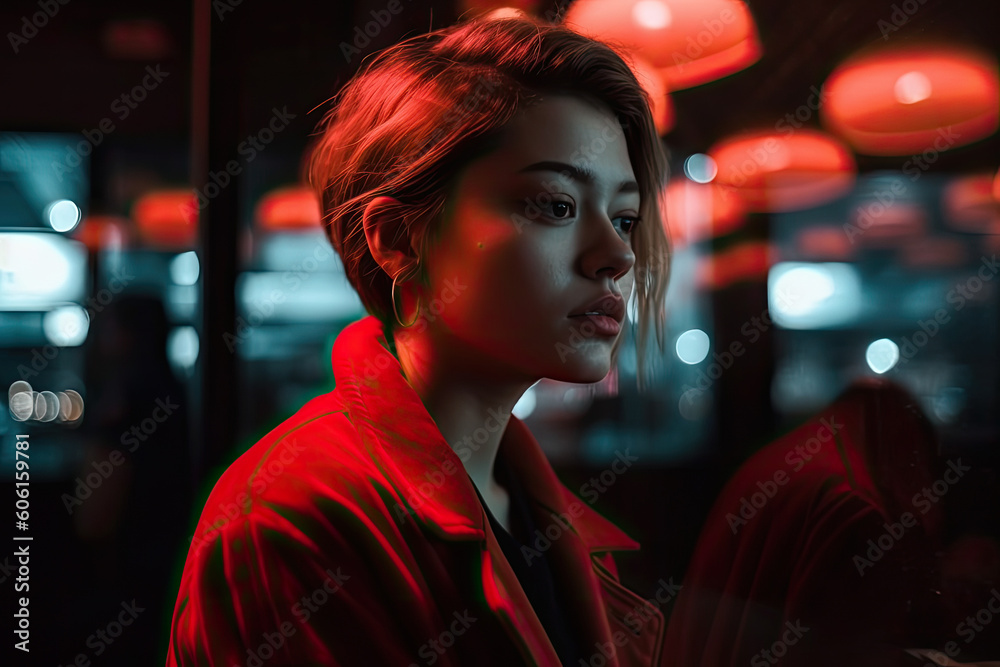 young woman in red lighted bar scene created with Generative AI technology