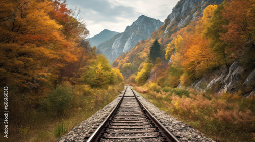 A Railroad Track Leading to The Distance in a Mountain Forest Valley © Eirik Sørstrømmen
