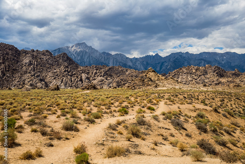 View of Alabama Hills, famous filming location rock formations near the eastern slope of Sierra Nevada, Owens Valley, west of Lone Pine in Inyo County, Inyo National Forest, California, United States. photo