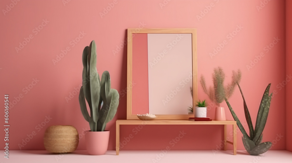 Wooden Frame In Blank On The Pink