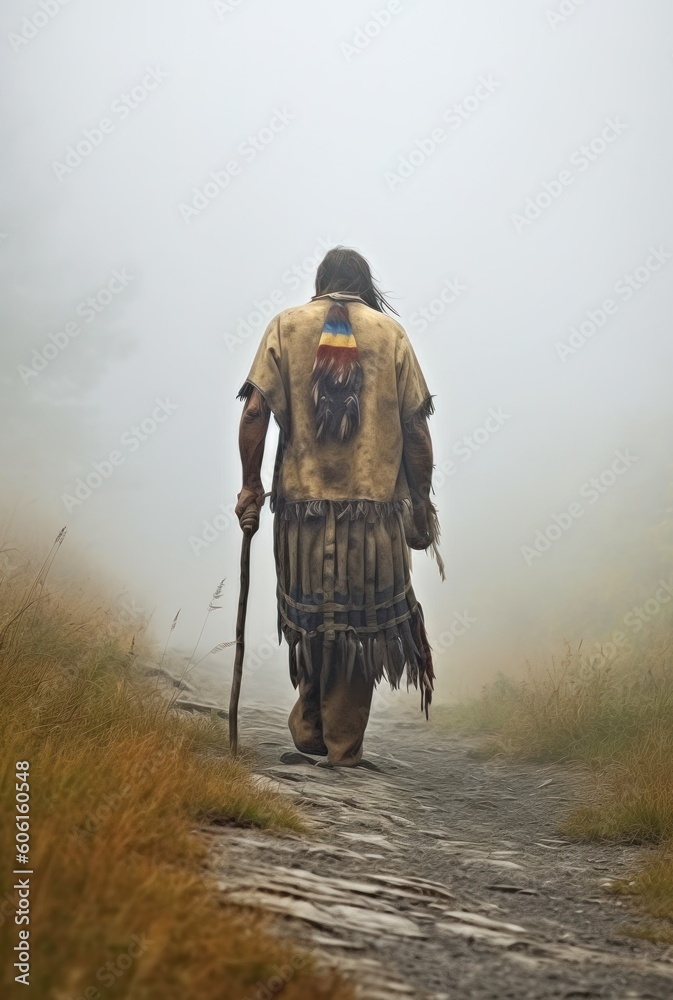 native American man with long hair and feathers walking down a path.