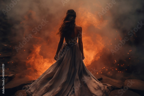 fantasy silhouette of a woman walking into the fire. flames and embers. smoke. barren fantasy landscape.