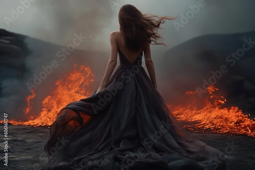 fantasy woman wearing a long blue dress walking into the fire. barren rocky landscape. 