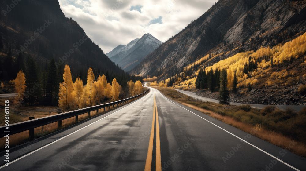 A Black Asphalt Road Leading into The Mountains During Autumn