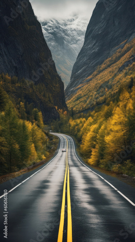 A Black Asphalt Road Leading into The Mountains During Autumn