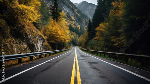 A Black Asphalt Road Leading into The Mountains During Autumn