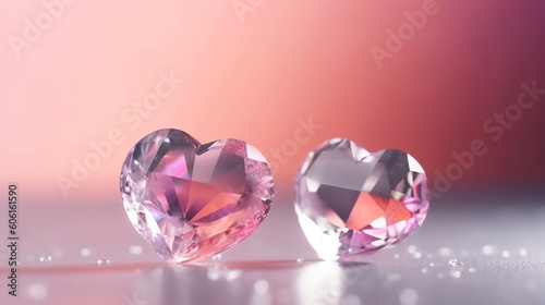 Minimalist heart crystals on pink background. Generative AI