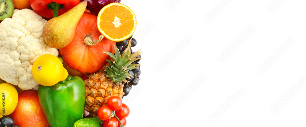 Warious vegetables and fruits isolated on white. Wide photo. There is space for text. Warious vegetables and fruits isolated on white. Wide photo. There is space for text.