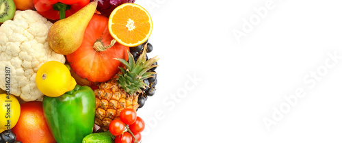 Warious vegetables and fruits isolated on white. Wide photo. There is space for text.