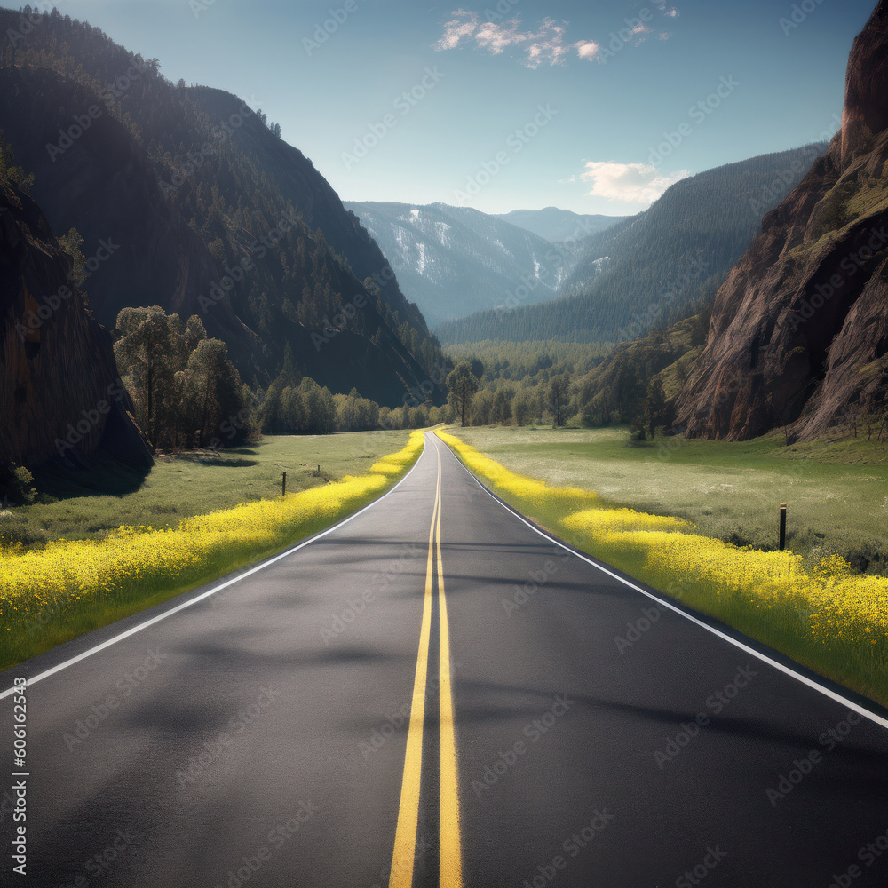 Naklejka premium A Black Asphalt Road Leading Into The Mountains During Summer