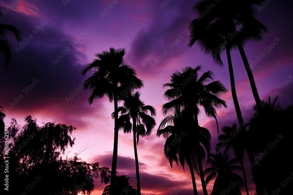 Pink sunset on a tropical beach with silhouetted coconut palm palms. Generative AI