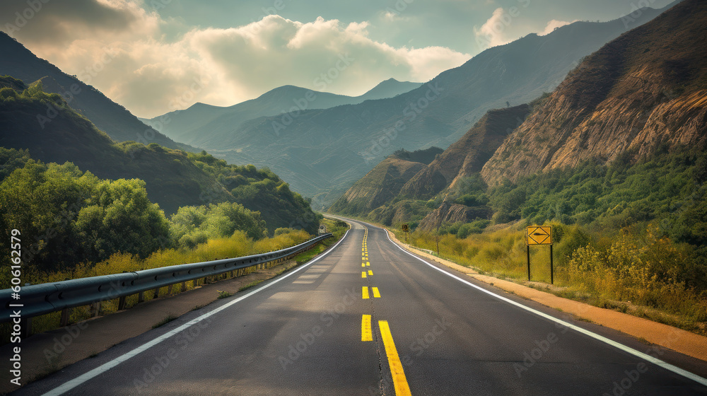 Fototapeta premium A Black Asphalt Road Leading Into The Mountains During Summer