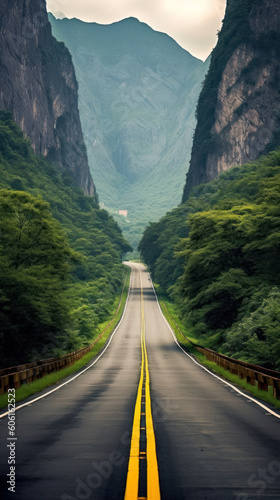 A Black Asphalt Road Leading Into The Mountains During Summer