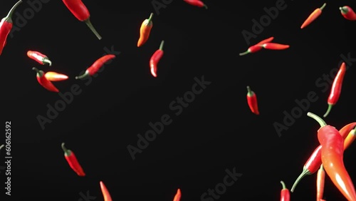Falling red chili peppers on the dark black background. 4K UHD 3840x2160 3D professional render high quality.