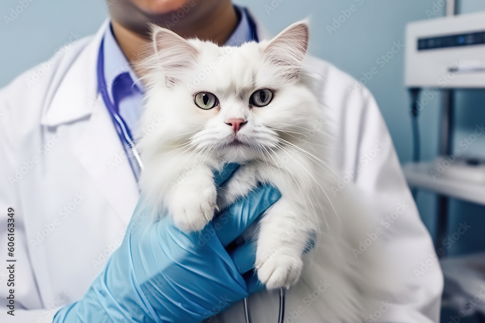 white fluffy Cat on hands veterinarian doctor in veterinary clinic , generative ai. white fluffy Cat on hands veterinarian doctor in veterinary clinic , generative ai.