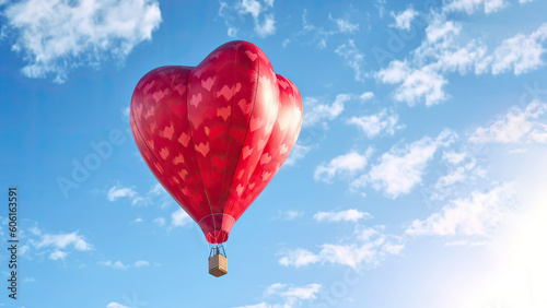 Red Heart shaped hot air balloon in the blue sky with clouds