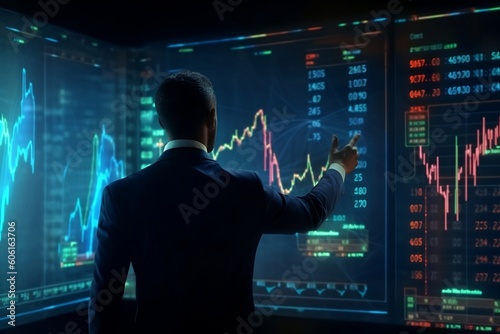 Trading big screen Businessman trader is pointing growing virtual hologram stock candlestick chart. Planning analyze indicator and strategy buy and sell, Stock market, Business growth, Investor 