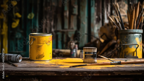 A Can of Yellow Paint and Brush for DIY Project