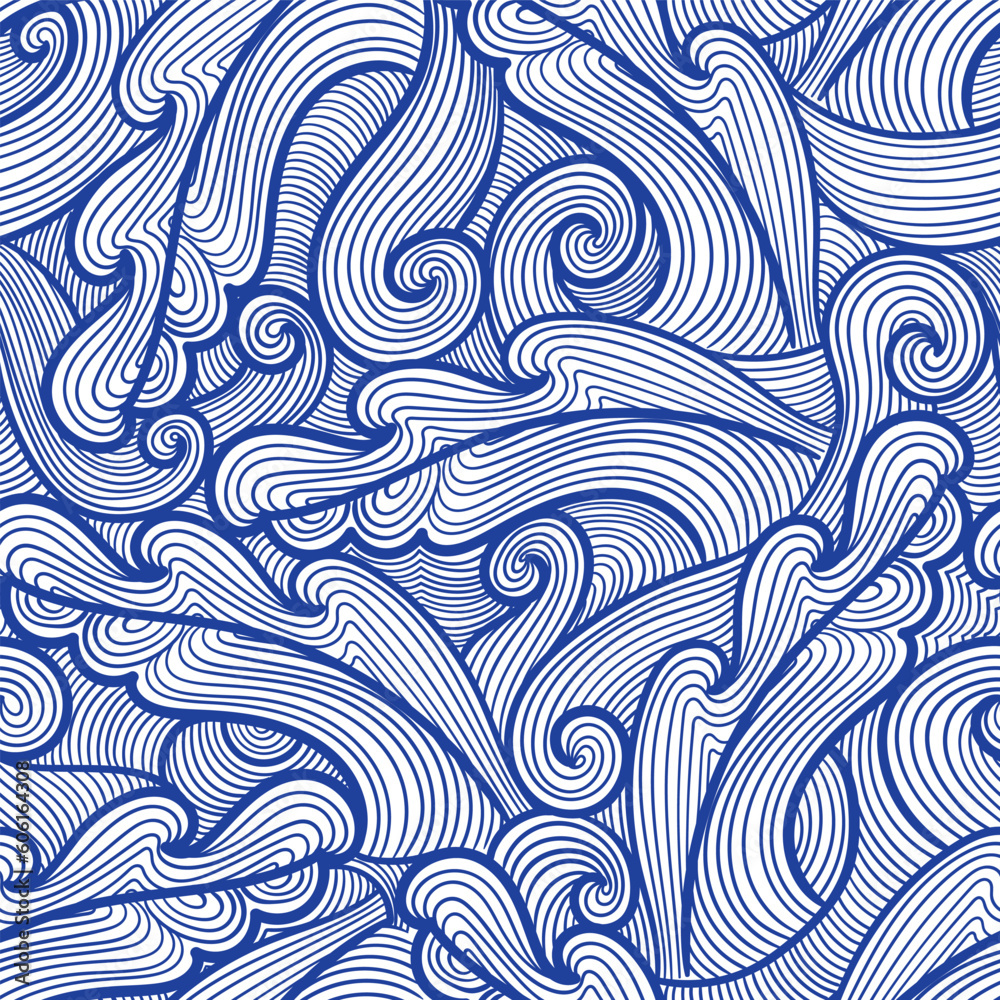 vector contemporary blue wave lines asian style seamless pattern on white