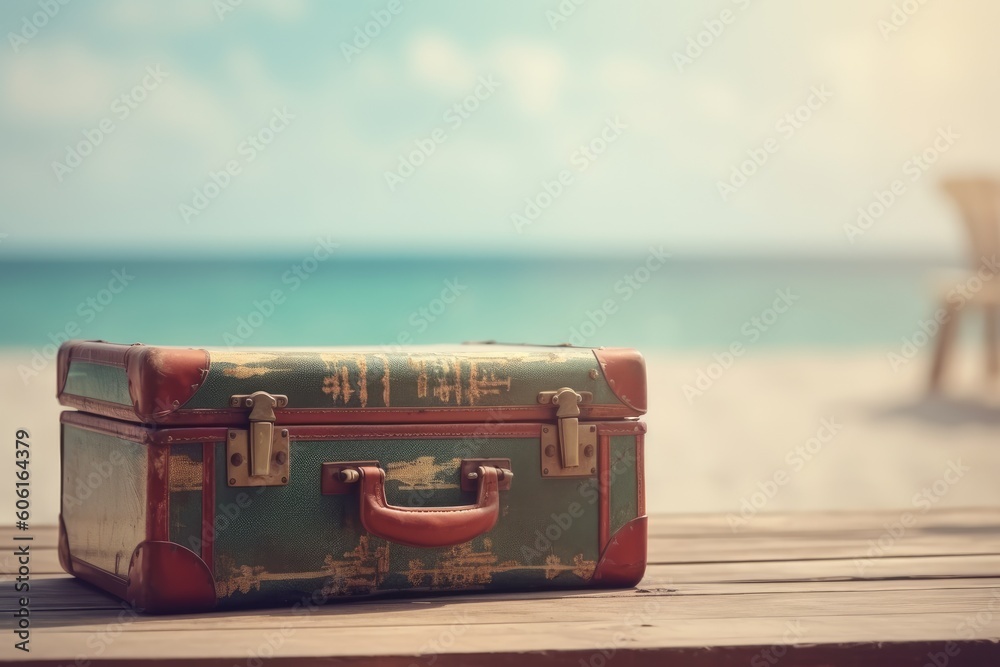 Summer trip concept with an old bag and accessories. Background beach blur. Generative AI Summer trip concept with an old bag and accessories. Background beach blur. Generative AI