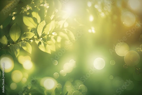 Natural outdoors bokeh backdrop with sun rays in green and yellow tones. Generative AI