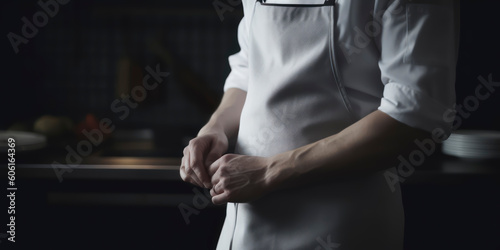 chef with white apron and white shirt, with kitchen ustensiles. AI Genereted