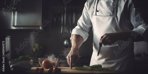 chef with white apron and white shirt, with kitchen ustensiles. AI Genereted photo