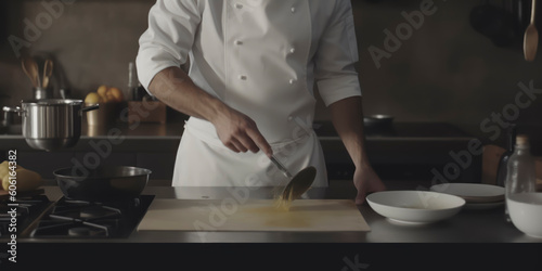 chef with white apron and white shirt, with kitchen ustensiles. AI Genereted