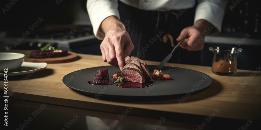 Gourmet Delight: Chef's Artistry Revealed in Plating Sliced, Seared Venison in a Professional Kitchen. AI Genereted Gourmet Delight: Chef's Artistry Revealed in Plating Sliced, Seared Venison in a Professional Kitchen. AI Genereted