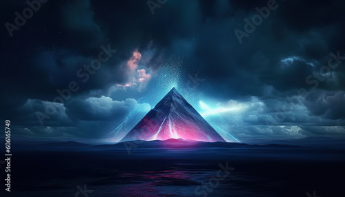 abstract virtual landscape with blue rocks and mountains. Surreal wallpaper  fantastic background with triangular portal. Ai Generative