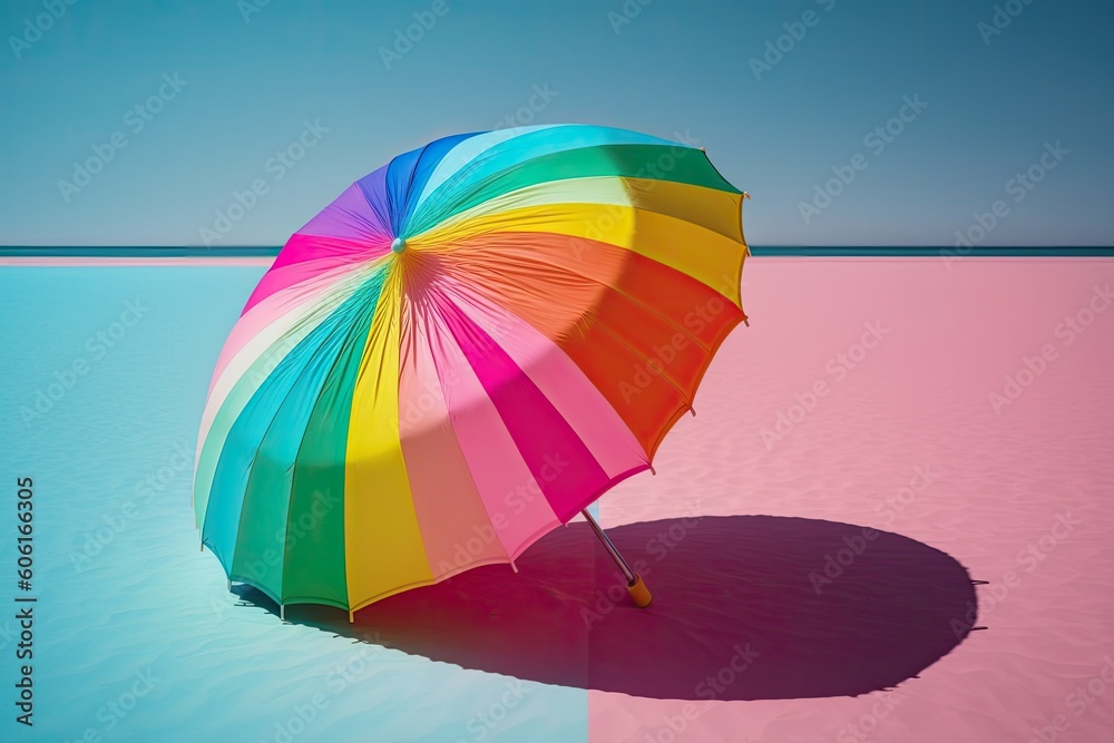 pink backdrop with a rainbow beach umbrella. Generative AI