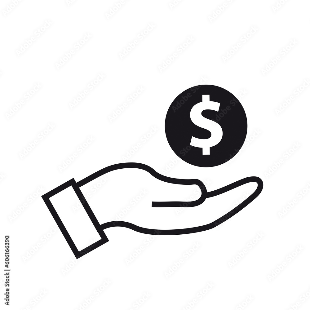 Icono de mano con moneda de dólar sobre un fondo blanco liso y aislado. Vista de frente y de cerca. Copy space Icono de mano con moneda de dólar sobre un fondo blanco liso y aislado. Vista de frente y de cerca. Copy space