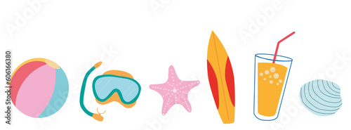 Banner de verano con accesorios para la playa de colores sobre un fondo blanco liso y aislado.  Vista de frente y de cerca. Copy space