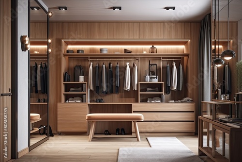 Dressing room and walk in wardrobe in modern style, interior scene and mockup. Generative AI